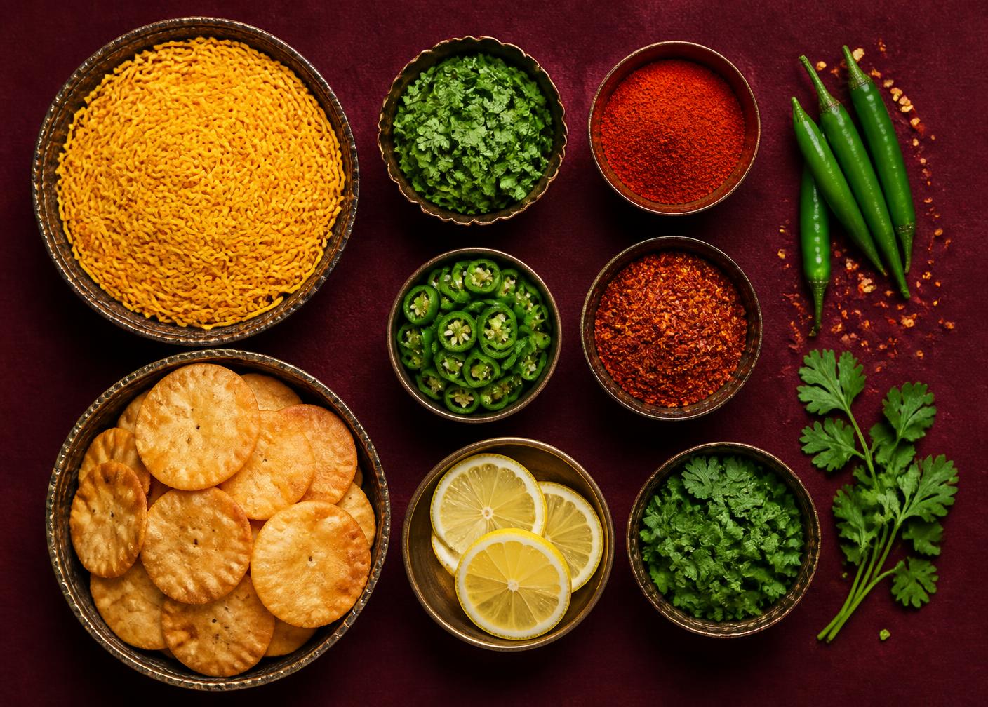 Flat lay of Indian street snack ingredients