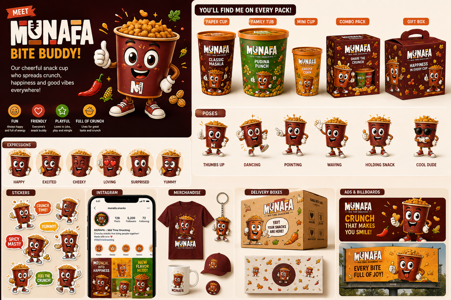 Bite Buddy mascot board with poses, expressions, stickers, merchandise and billboards