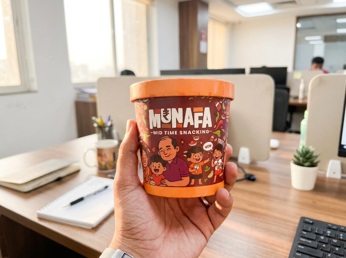 Hand holding a Munafa cup at an office desk