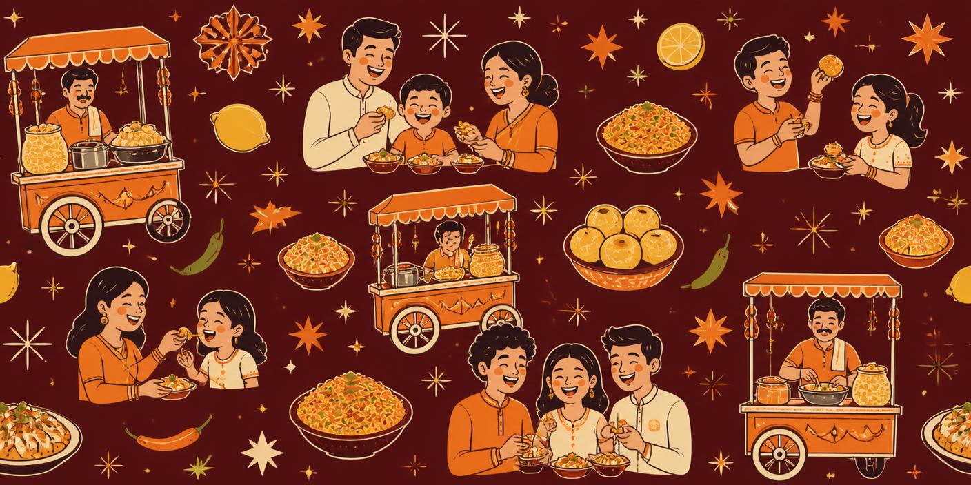 Munafa doodle pattern of chaat carts and families