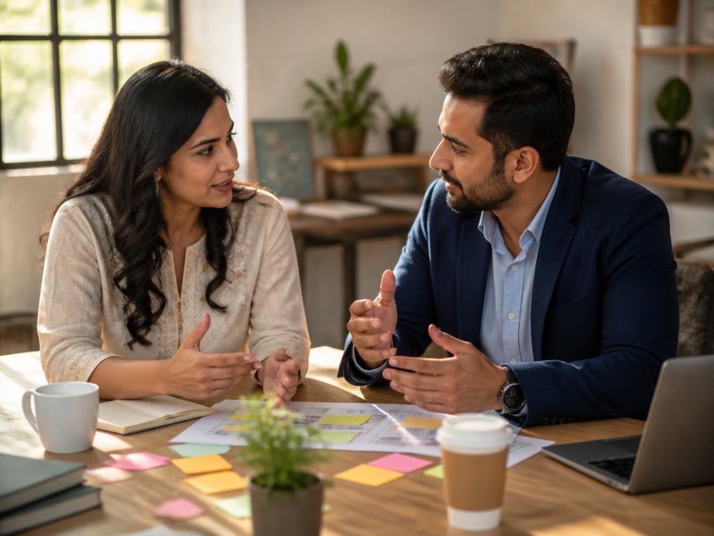 Two people in a discovery conversation with notes and speech bubbles